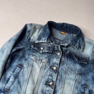 JouJou Cropped Denim Jacket Faded Distressed Trucker Style Women's Medium Y2K